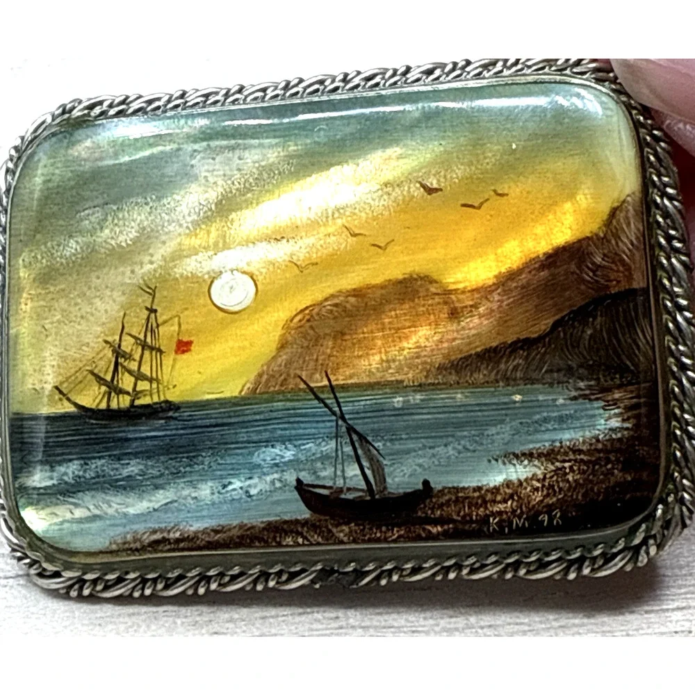 Vintage Brooch Fedoskino Hand Painted Mother of Pearl Coastal Ships Signed KM 98